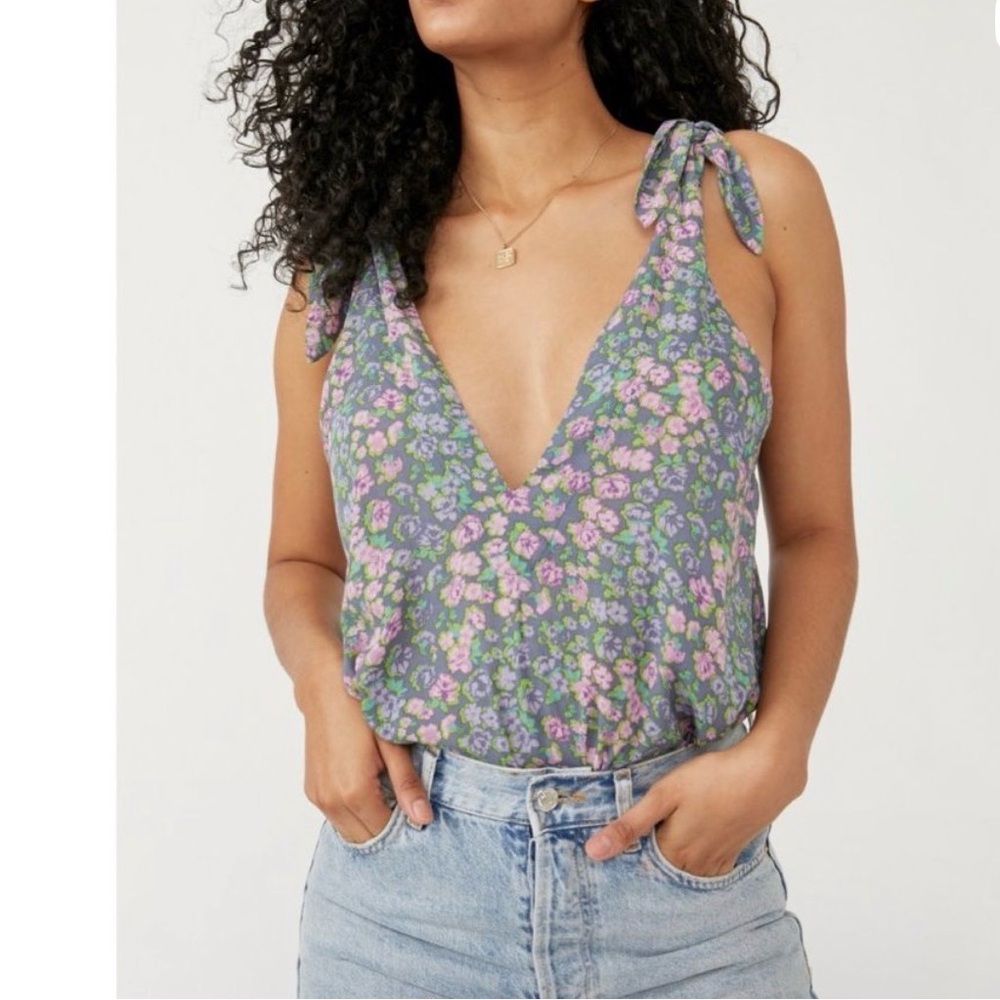 NWT Intimately Free People Bare It All Bodysuit - M - Chambray Combo Blue Floral